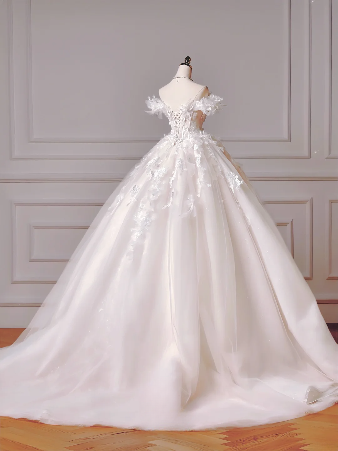 Robe de mariée longue de princesse, robe de bal à épaules dénudées en tulle avec manches courtes et corsage en dentelle, référence AQ028