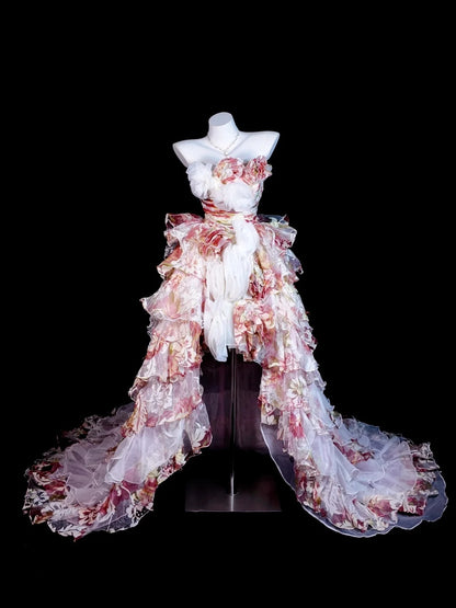 Floral Prom Dress Ball Gown Strapless Pink High Low Modest Formal Party Gown RB9833