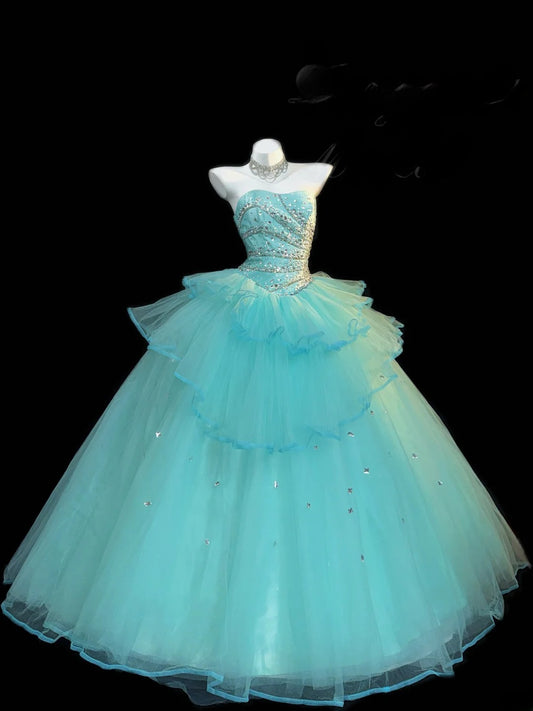 Cute Ball Gown Strapless Blue Tulle With Silver Beading Long Quinceanera Dress vestido de 15 de cenicienta RB3371