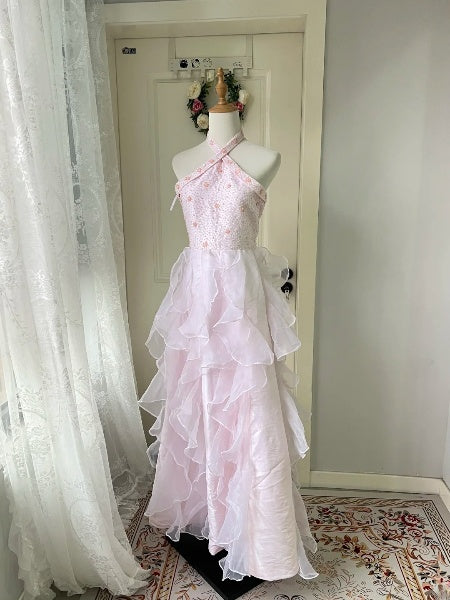 Rosa langes A-Linien-Abschlussballkleid mit Neckholder und Stufen, formelles Abendkleid für Teenager und Damen RC0399
