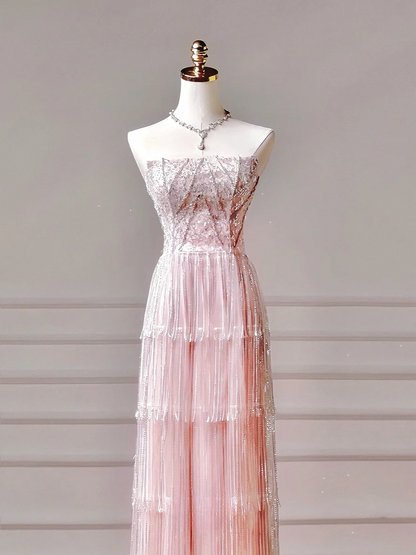 Elegantes, ästhetisches A-Linien-Abendkleid in Rosa mit plissierten Perlen – Inspiration für ein beeindruckendes, langes, formelles Partykleid für Teenager und Gymnasien (AQ029)