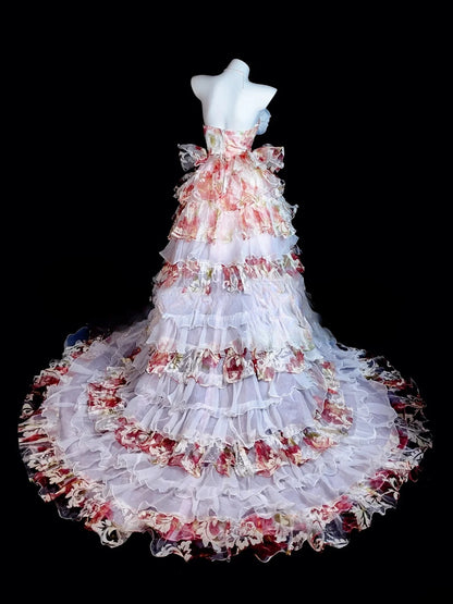 Floral Prom Dress Ball Gown Strapless Pink High Low Modest Formal Party Gown RB9833