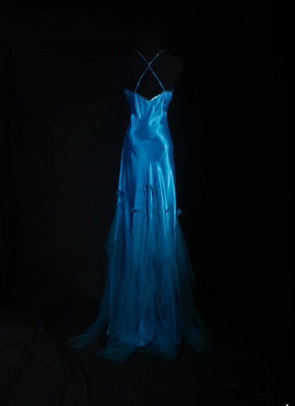 Vintage 90s Prom Dresses Women Mermaid Halter Blue Long Formal Dance Evening Party Gowns AS029