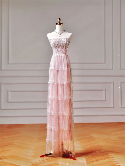 Elegantes, ästhetisches A-Linien-Abendkleid in Rosa mit plissierten Perlen – Inspiration für ein beeindruckendes, langes, formelles Partykleid für Teenager und Gymnasien (AQ029)