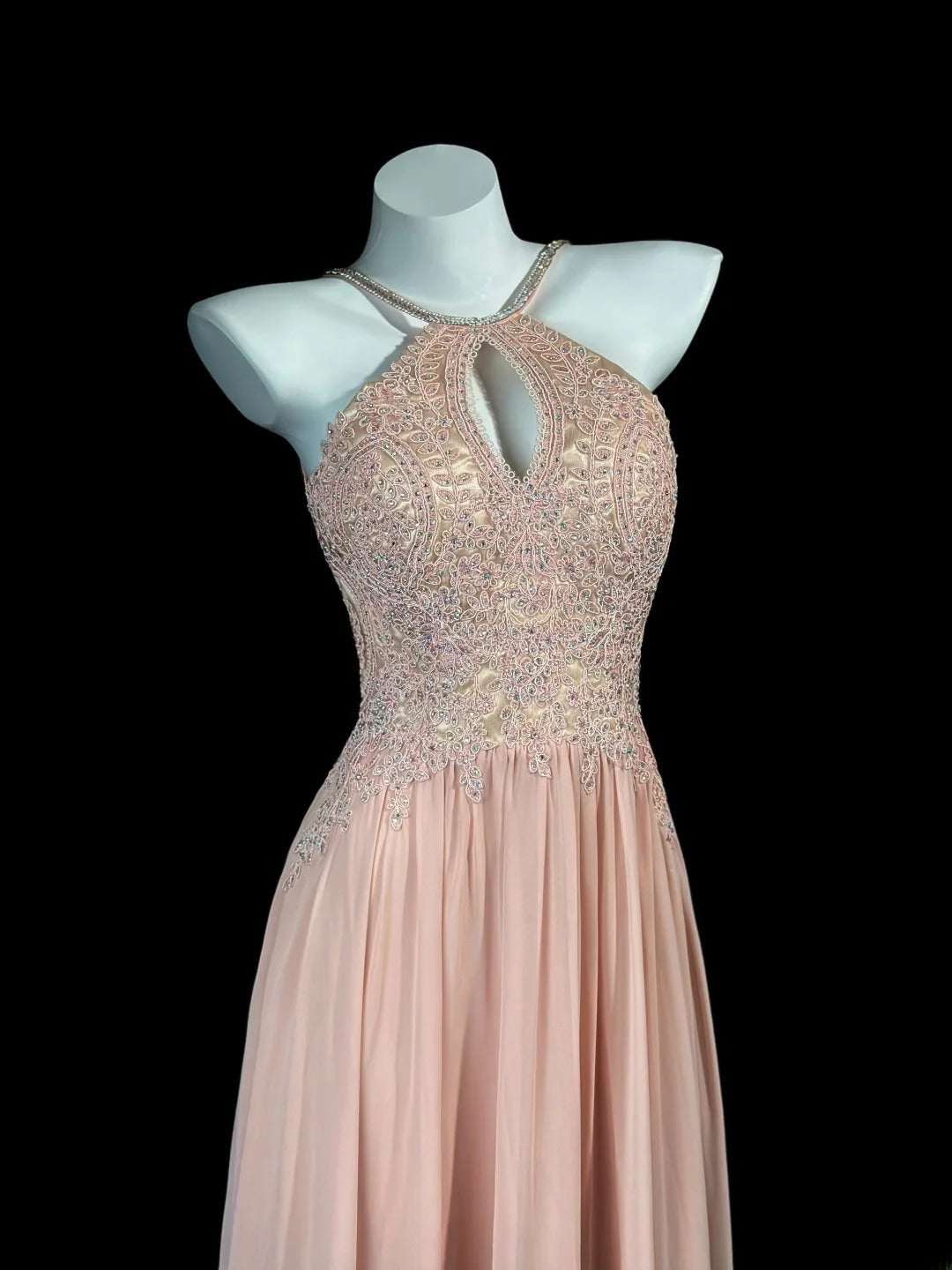Modest Prom Dresses A line Halter Chiffon Blush Pink With Lace Evening Dress Formal Outfits RB5838