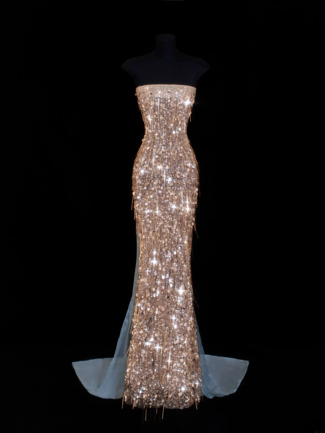 Preiswertes, paillettenbesetztes, trägerloses Meerjungfrauenkleid im Stil der 1950er Jahre in Champagner mit Perlenbesatz – ein beeindruckendes langes Abendkleid für Ball und Party (SA029).