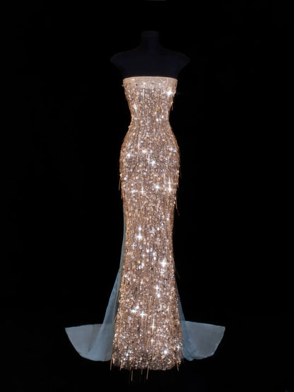 Preiswertes, paillettenbesetztes, trägerloses Meerjungfrauenkleid im Stil der 1950er Jahre in Champagner mit Perlenbesatz – ein beeindruckendes langes Abendkleid für Ball und Party (SA029).