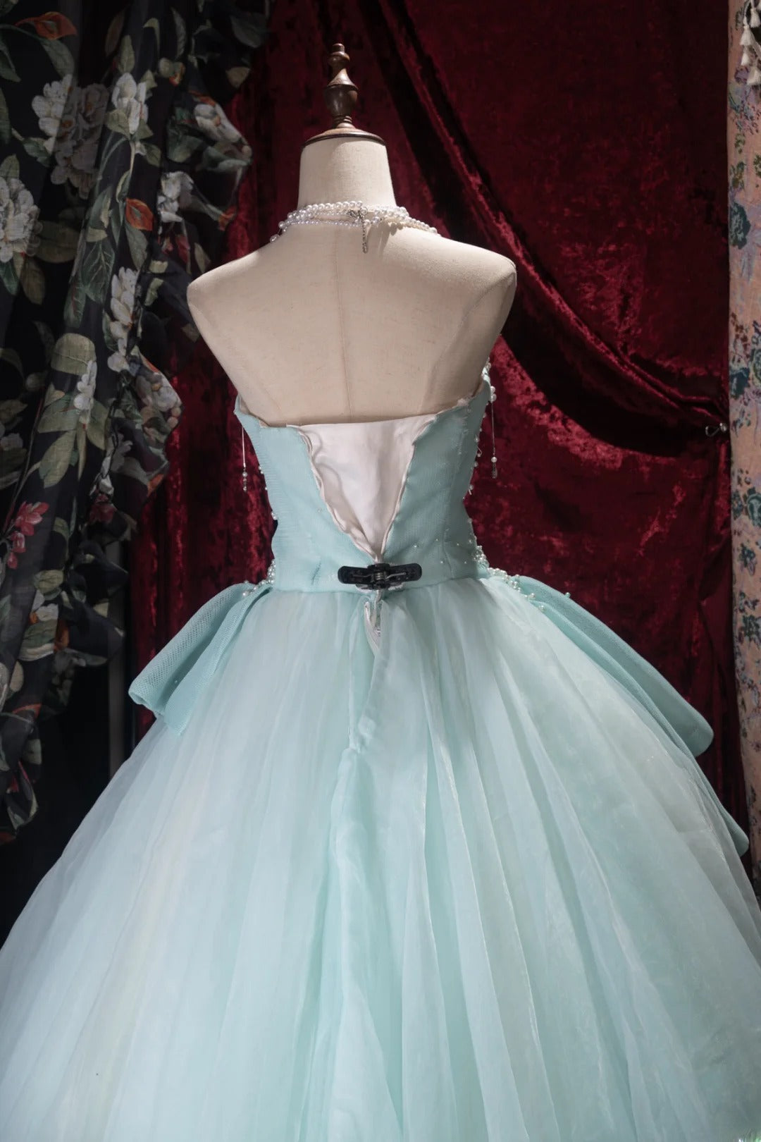 Sweet Ball Gown Strapless Tiffany Blue Tulle With Pearls Long Quince Dress Quinceanera Dresses Formal Birthday Outfits RB8054