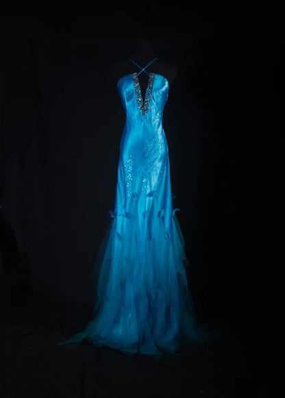 Vintage 90s Prom Dresses Women Mermaid Halter Blue Long Formal Dance Evening Party Gowns AS029