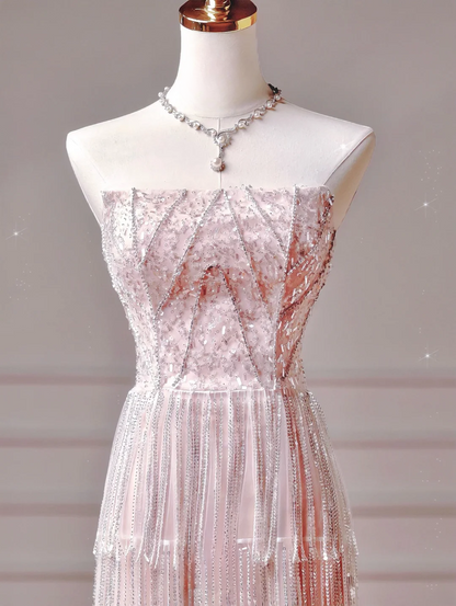 Elegantes, ästhetisches A-Linien-Abendkleid in Rosa mit plissierten Perlen – Inspiration für ein beeindruckendes, langes, formelles Partykleid für Teenager und Gymnasien (AQ029)