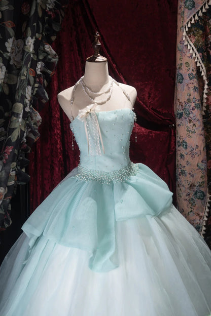 Sweet Ball Gown Strapless Tiffany Blue Tulle With Pearls Long Quince Dress Quinceanera Dresses Formal Birthday Outfits RB8054