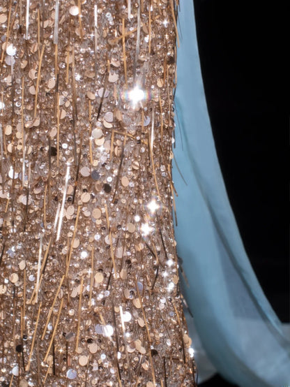 Preiswertes, paillettenbesetztes, trägerloses Meerjungfrauenkleid im Stil der 1950er Jahre in Champagner mit Perlenbesatz – ein beeindruckendes langes Abendkleid für Ball und Party (SA029).