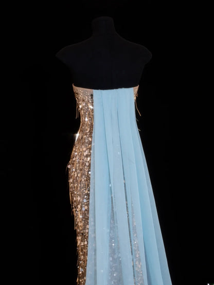 Preiswertes, paillettenbesetztes, trägerloses Meerjungfrauenkleid im Stil der 1950er Jahre in Champagner mit Perlenbesatz – ein beeindruckendes langes Abendkleid für Ball und Party (SA029).