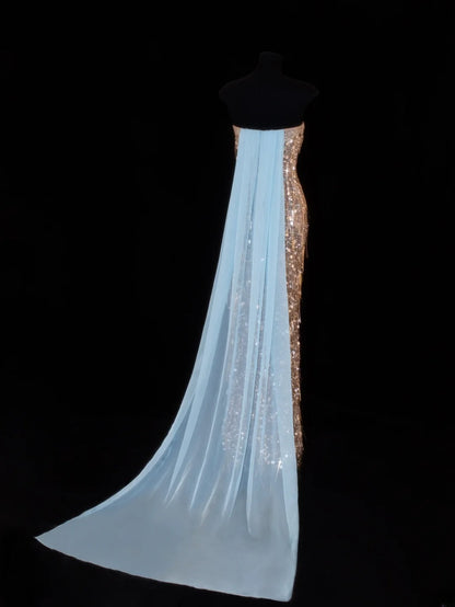 Preiswertes, paillettenbesetztes, trägerloses Meerjungfrauenkleid im Stil der 1950er Jahre in Champagner mit Perlenbesatz – ein beeindruckendes langes Abendkleid für Ball und Party (SA029).