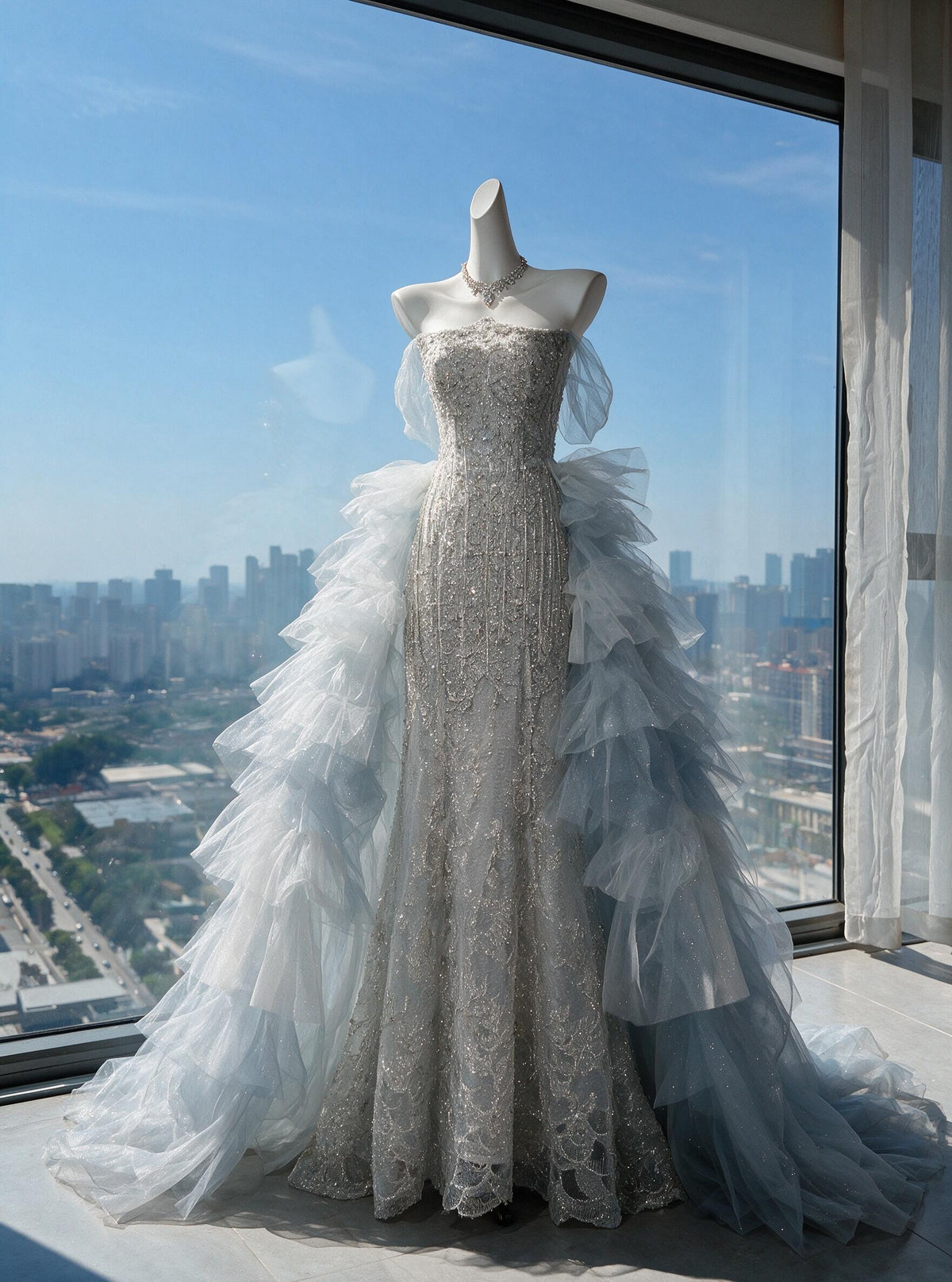 Prom Dress Mermaid Off The Shoulder Sequin Blue Gray With Layers Tulle Long Graduation Party Dress RC0990