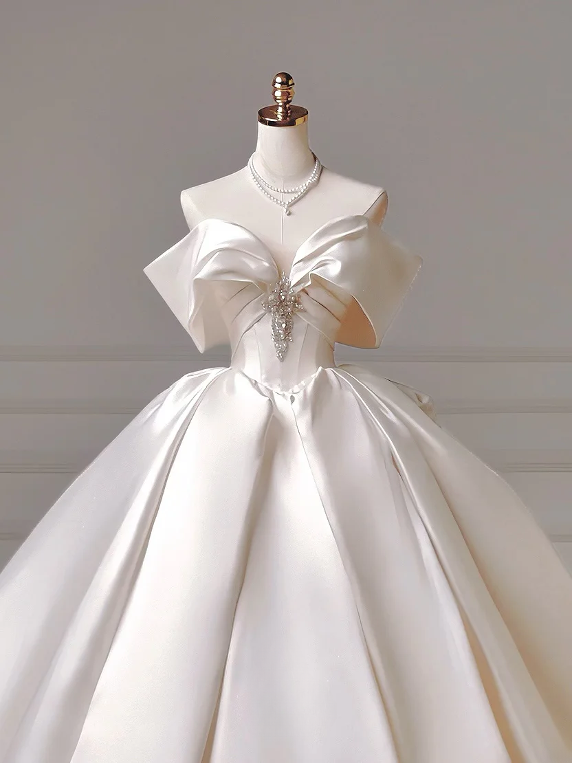 Prinzessinnen-Brautkleid, langes Ballkleid, schulterfrei, Satin, Brautkleid mit kurzen Ärmeln, AQ030