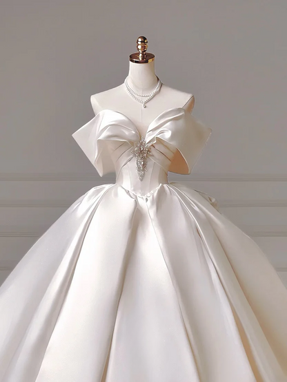 Prinzessinnen-Brautkleid, langes Ballkleid, schulterfrei, Satin, Brautkleid mit kurzen Ärmeln, AQ030