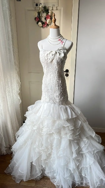 Princess Wedding Dress Mermaid Spaghetti Straps White With Tiered Bridal Gown for Big Day RC0400