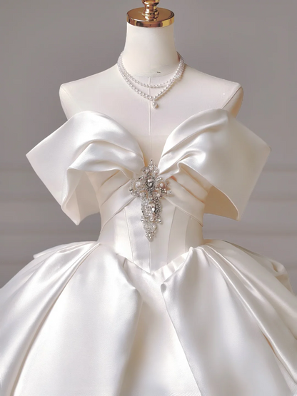 Prinzessinnen-Brautkleid, langes Ballkleid, schulterfrei, Satin, Brautkleid mit kurzen Ärmeln, AQ030