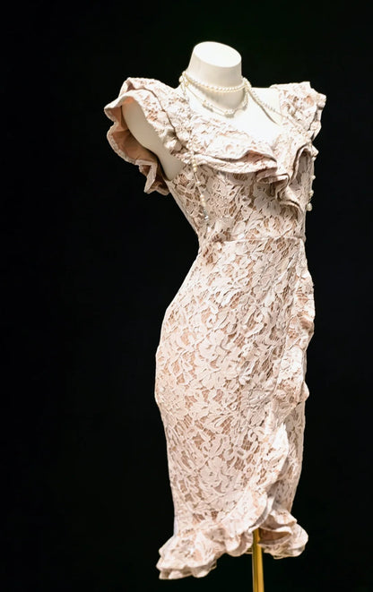 Robe de bal de promo rose en dentelle, col V, style rétro fourreau, courte, pour un 18e anniversaire ou un cocktail (AS030)