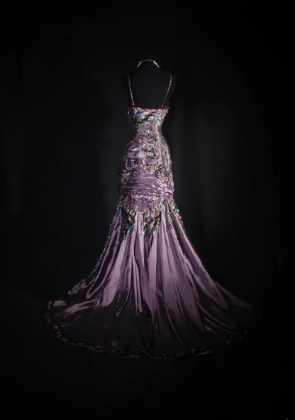 Vintage 90er Jahre Ballkleider Damen Meerjungfrau Spaghettiträger Staubiges Traubenfarbenes Taft Langes formelles Tanz-Abendkleid AS030