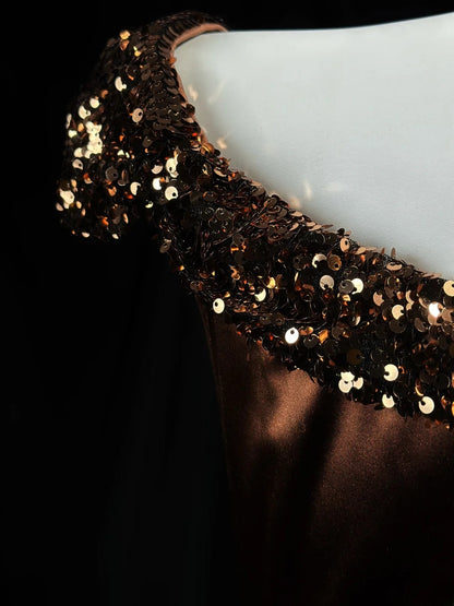 Modest Prom Dresses Mermaid Off The Shoulder Brown Satin With Sequin Evening Dress Formal Outfits RB5839
