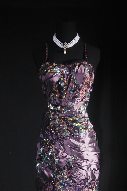 Vintage 90er Jahre Ballkleider Damen Meerjungfrau Spaghettiträger Staubiges Traubenfarbenes Taft Langes formelles Tanz-Abendkleid AS030