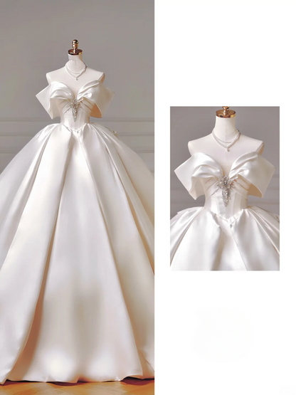 Prinzessinnen-Brautkleid, langes Ballkleid, schulterfrei, Satin, Brautkleid mit kurzen Ärmeln, AQ030