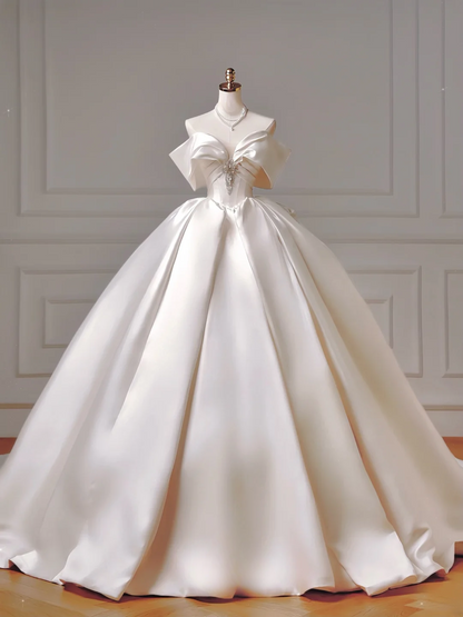 Prinzessinnen-Brautkleid, langes Ballkleid, schulterfrei, Satin, Brautkleid mit kurzen Ärmeln, AQ030