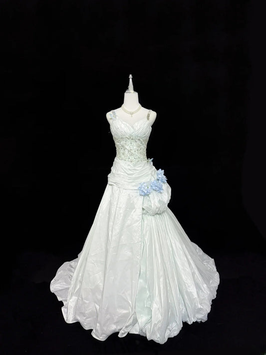 Vintage Mermaid Spaghetti Strap White Taffeta With Beading Long Brides Gown Bridal Dress Wedding Dresses Style RB7401