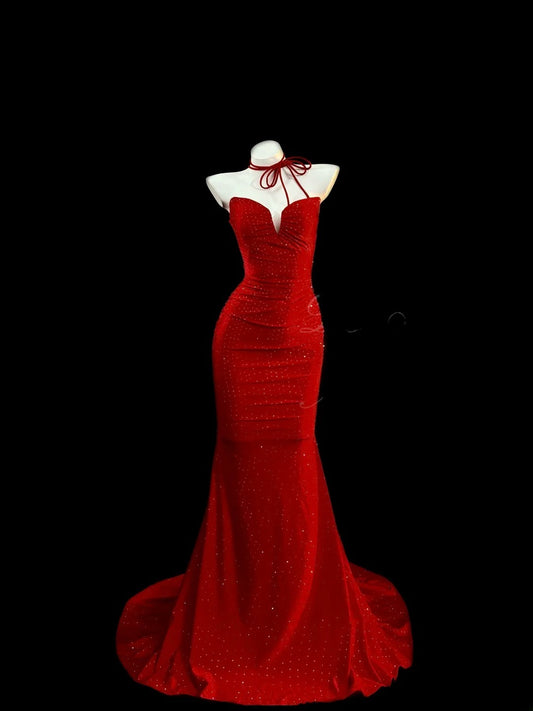 Vintage Ballkleider Meerjungfrau Sweetheart Rot Rückenfrei Satin mit Perlenkristallen Lange Abendmode Outfits RB3371