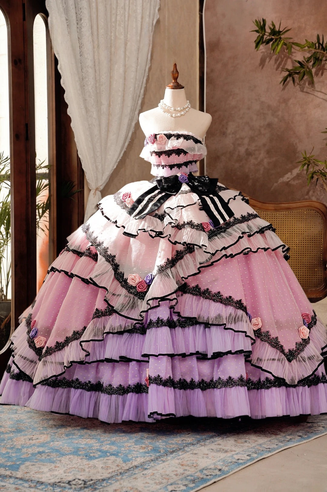 Elegant Quinceanera Dress Tulle Pink Strapless 3D Flowers Floor Length Sweet 15 Celebration Formal Gown RB9025