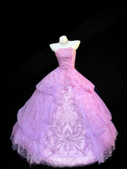 Jolie robe de bal bustier en tulle lilas à paillettes avec perles, longue robe de Quinceañera, robe de Cendrillon RB3372