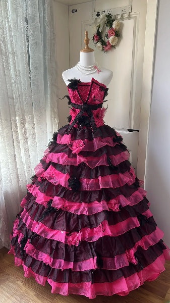 Sweet 16 Dresses Long Strapless Hot Pink Black With Tiered Layers Ball Gown Sweet Sixteen Birthday Gown RC0401