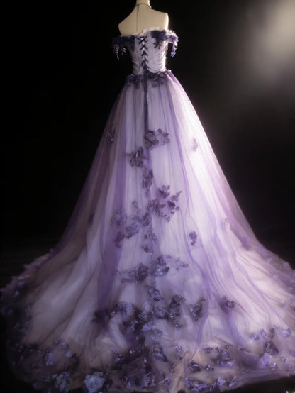 Robe de bal vintage épaules dénudées en tulle lilas, longue, pour quinceañera, tenue d'anniversaire Sweet 15/16 AS031