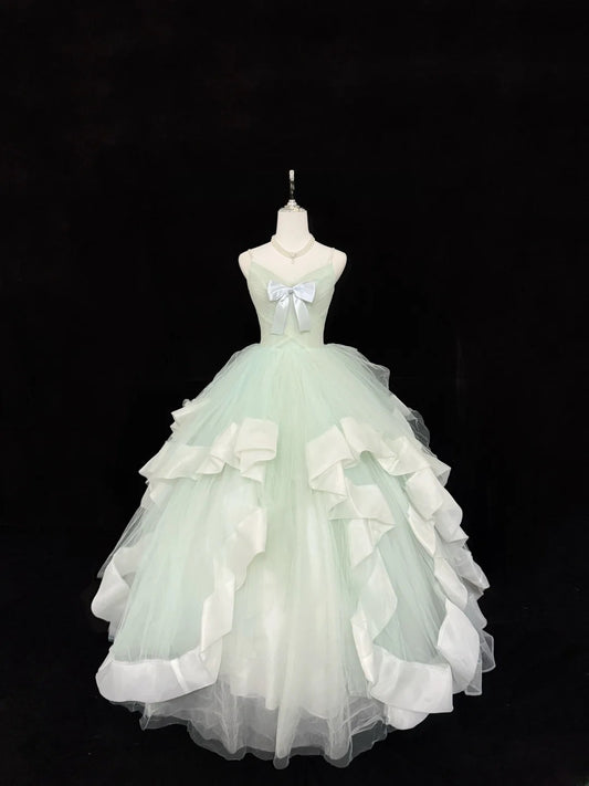 Magical Ball Gown Spaghetti Strap Mint Green Tulle With Ruffled Quince Dress Voluminous Sweet 16 Sweet Sixteen Outfits Vestido de RB7402