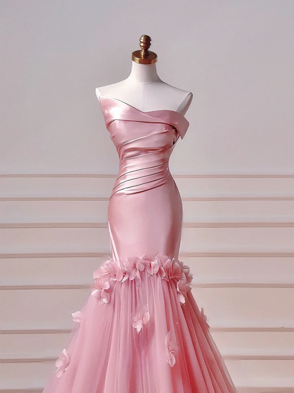 Elegantes, ästhetisches Meerjungfrauen-Kleid, trägerlos, rosa mit plissierten Blumen – Inspiration für ein beeindruckendes, langes, formelles Partykleid für Teenager und Gymnasien (AQ031)