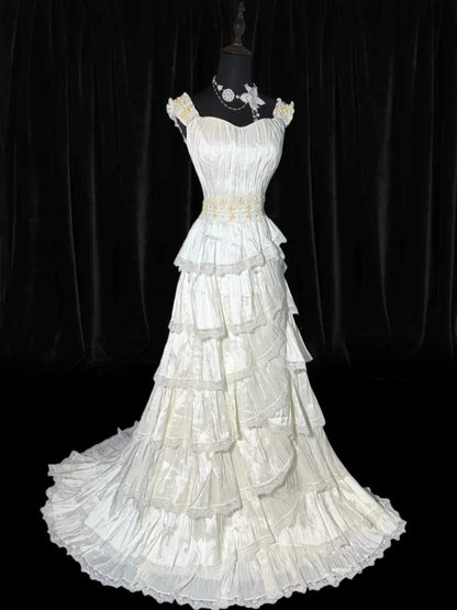 Robe de mariée vintage intemporelle pour femme, coupe trapèze, sans bretelles, en dentelle blanche à volants et satin, style années 1920, AS031