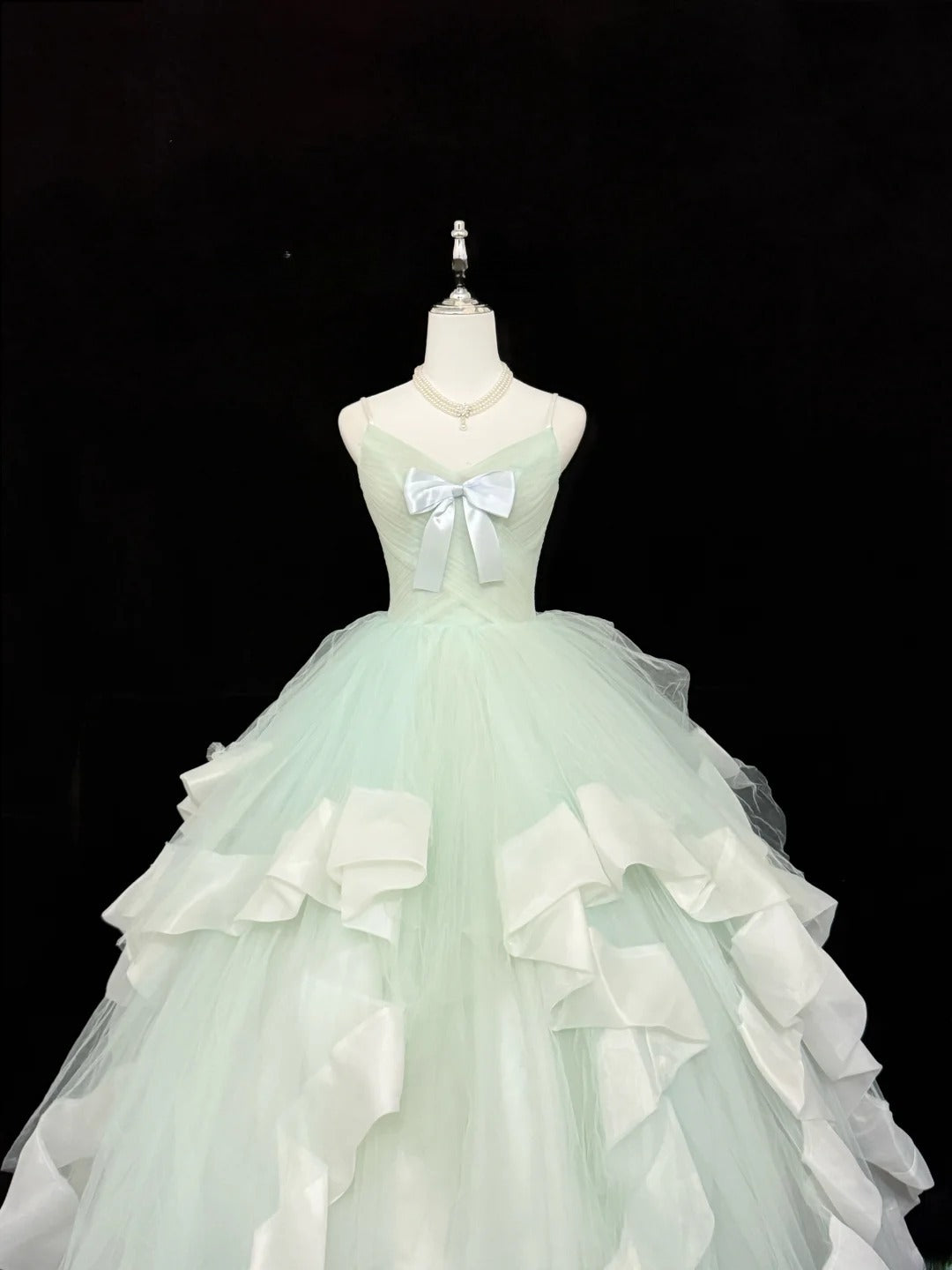 Magical Ball Gown Spaghetti Strap Mint Green Tulle With Ruffled Quince Dress Voluminous Sweet 16 Sweet Sixteen Outfits Vestido de RB7402