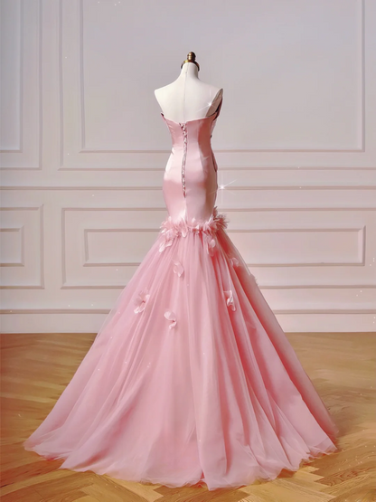 Elegantes, ästhetisches Meerjungfrauen-Kleid, trägerlos, rosa mit plissierten Blumen – Inspiration für ein beeindruckendes, langes, formelles Partykleid für Teenager und Gymnasien (AQ031)