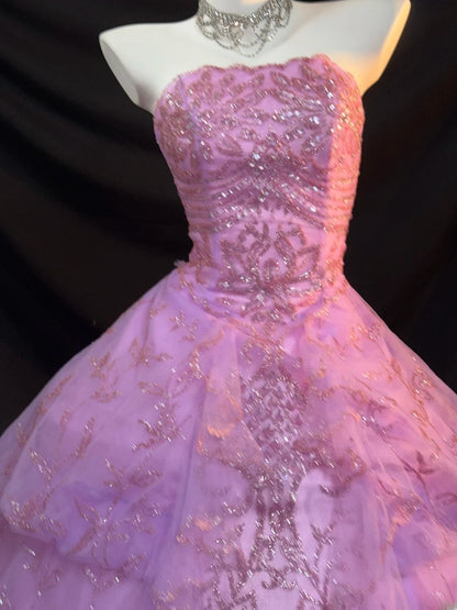 Jolie robe de bal bustier en tulle lilas à paillettes avec perles, longue robe de Quinceañera, robe de Cendrillon RB3372