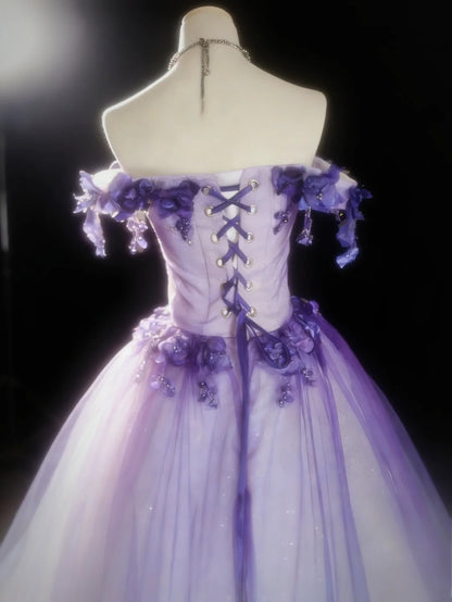 Robe de bal vintage épaules dénudées en tulle lilas, longue, pour quinceañera, tenue d'anniversaire Sweet 15/16 AS031