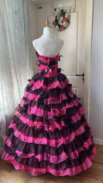 Sweet 16 Dresses Long Strapless Hot Pink Black With Tiered Layers Ball Gown Sweet Sixteen Birthday Gown RC0401