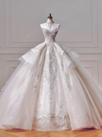 Romantisches langes Brautkleid im Ballkleid-Stil mit Herzausschnitt, aus Tüll und Spitze, plissiert, mit langen Ärmeln, Modell AQ032