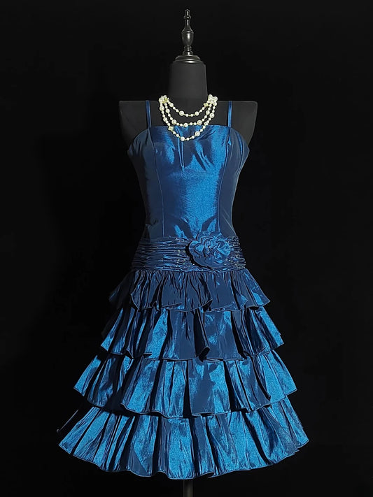 Vintage Ballkleid mit Spaghettiträgern, marineblau, kurzes Kleid für den 16. Geburtstag, kurzes Homecoming-Kleid, Cocktailkleid AS032