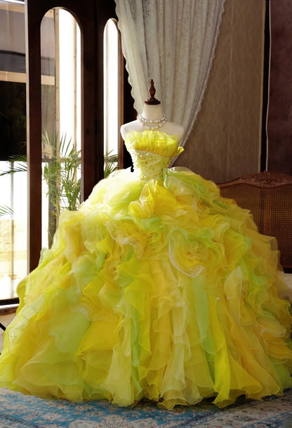 Tulle Ball Gown Quinceanera Dress 3D Floral Beading Yellow Strapless Sweet 15 Formal Gown RB9026