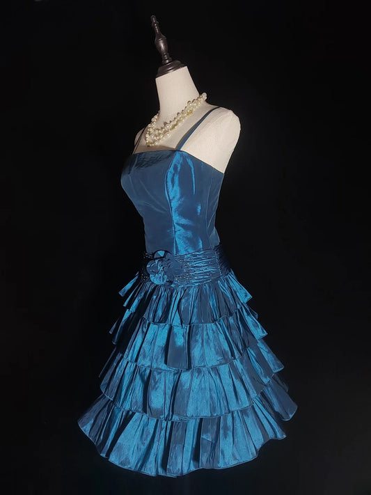 Vintage Ballkleid mit Spaghettiträgern, marineblau, kurzes Kleid für den 16. Geburtstag, kurzes Homecoming-Kleid, Cocktailkleid AS032