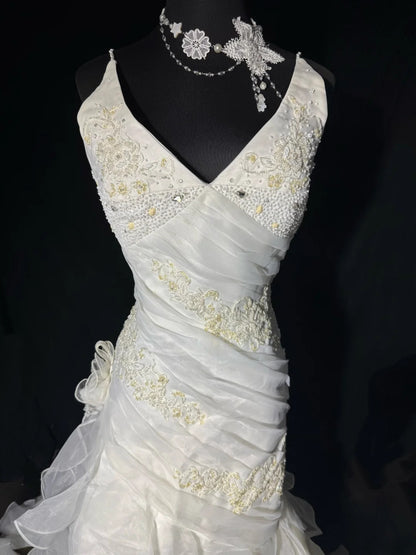 Elegant Mermaid Spaghetti Strap Sleeveless White Lace Tiered Long Vintage Fitted 1920s Wedding Dresses AS032