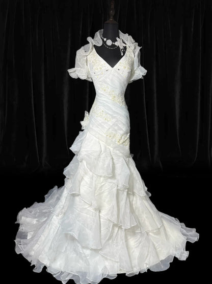 Elegant Mermaid Spaghetti Strap Sleeveless White Lace Tiered Long Vintage Fitted 1920s Wedding Dresses AS032