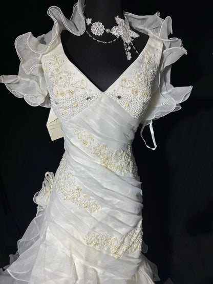 Elegant Mermaid Spaghetti Strap Sleeveless White Lace Tiered Long Vintage Fitted 1920s Wedding Dresses AS032